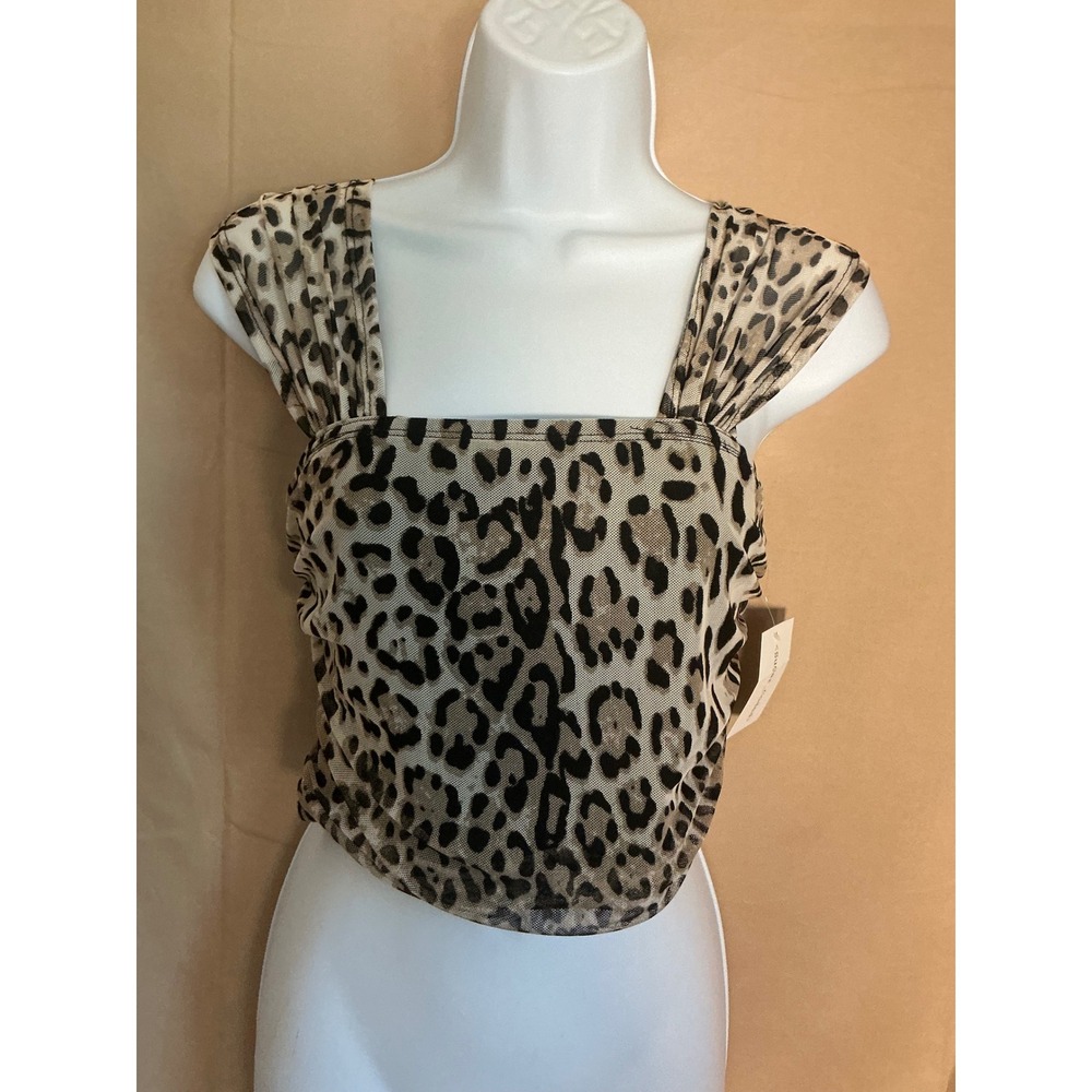 Sugar Coded Leopard Print Mesh Crop Top Womens Small Tan NWT Ruched Square Neck